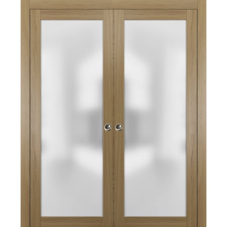 Sartodoors Sliding Double Pocket 60x96" Tempered Planum 2102 Honey Ash Kit Trims Rail HardwareBathroom Closet PLANUM2102DP-MEYA-6096